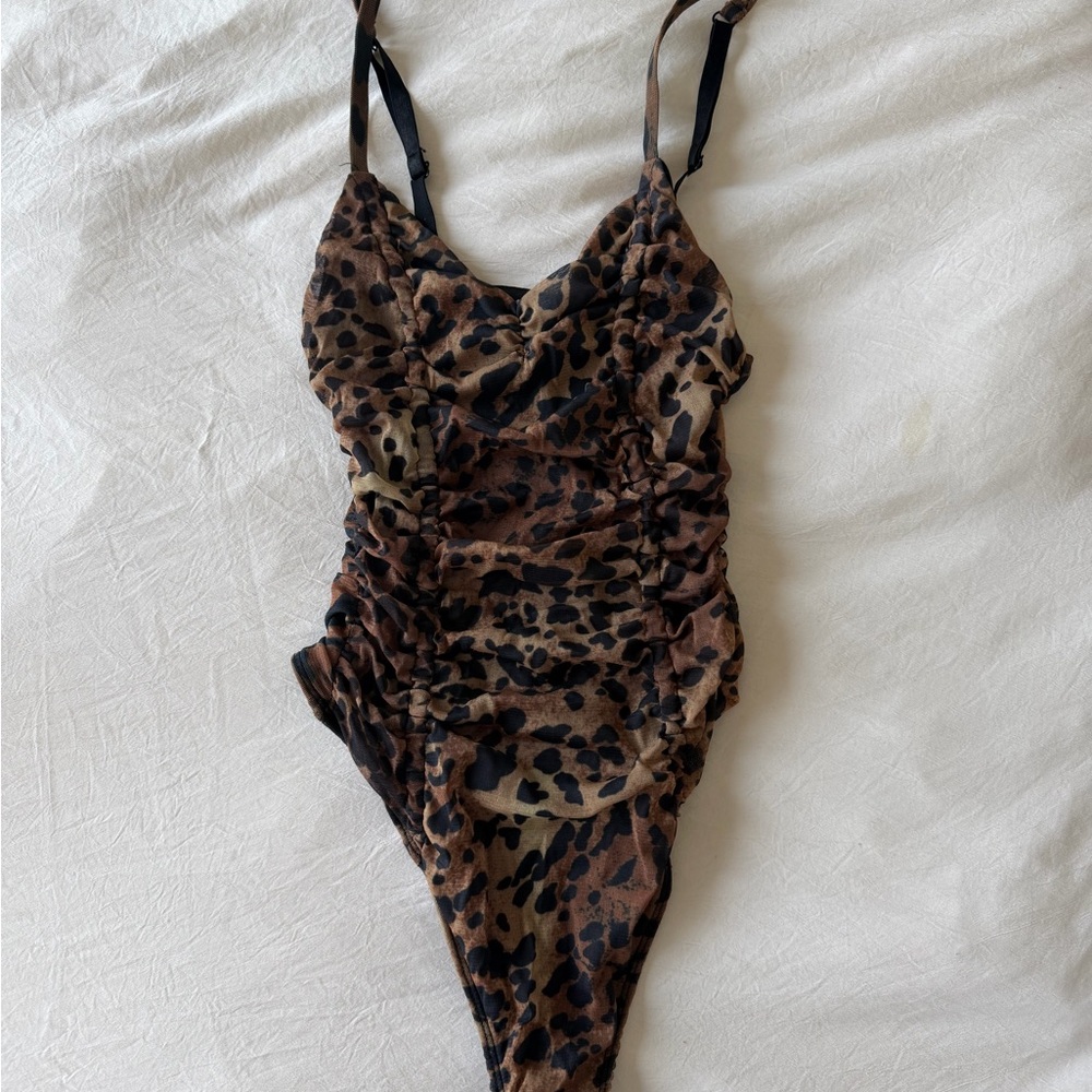 Leopard Print Ruched One-Piece Bodysuit - Brown